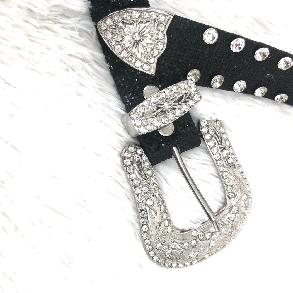 Black Leather & Rhinestone Belt - BLING - Picture 5 of 12